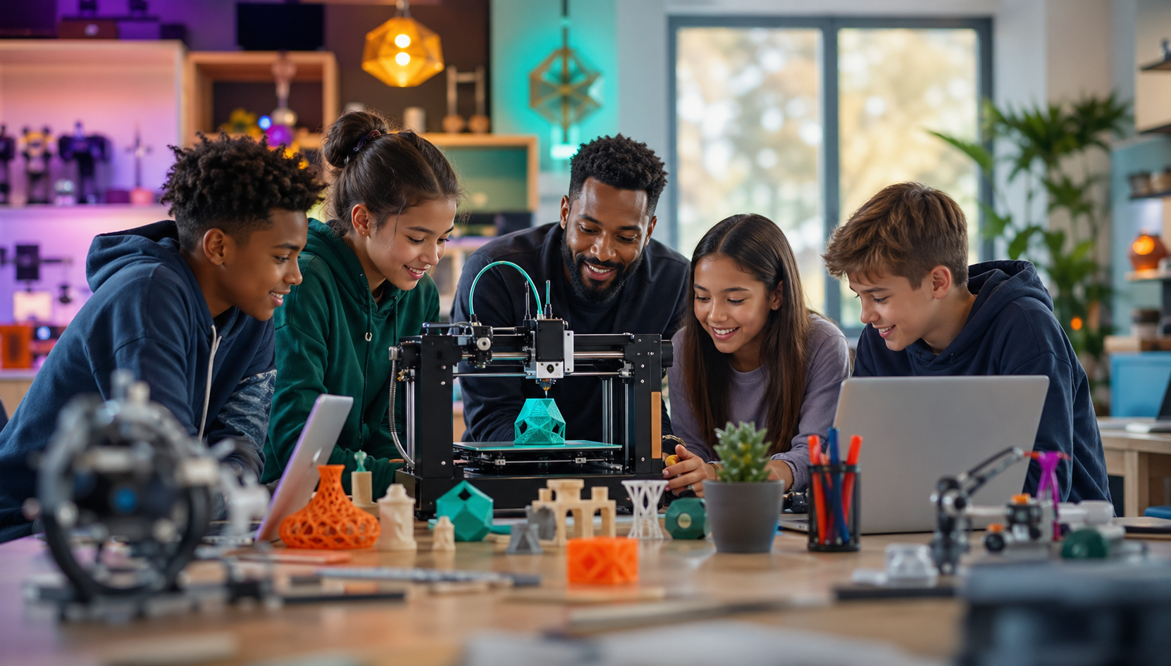 Students exploring a hands-on technology project