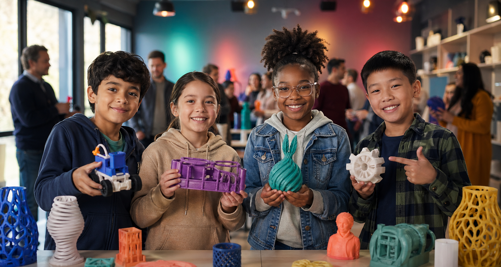 Students building a robotics project together